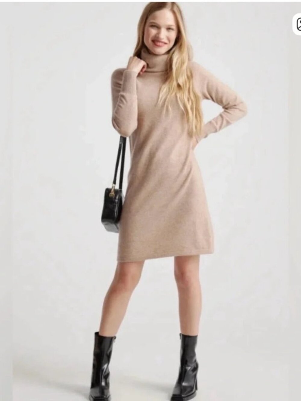 Quince Tan 100% Cashmere Long Sleeve Turtleneck Sweater Dress